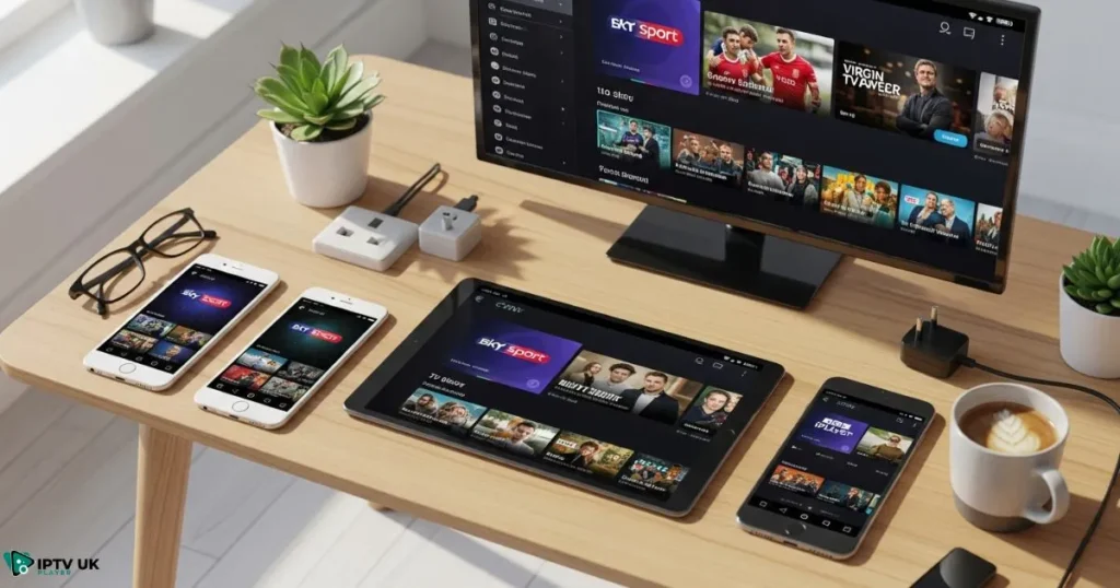 Multiple devices showing IPTV apps reviews and popular UK streaming interfaces.