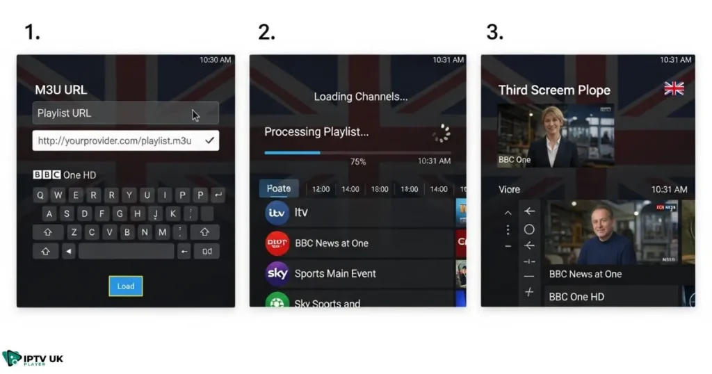 Step-by-step setup guide for connecting IPTV UK Player with an IPTV stream player app.