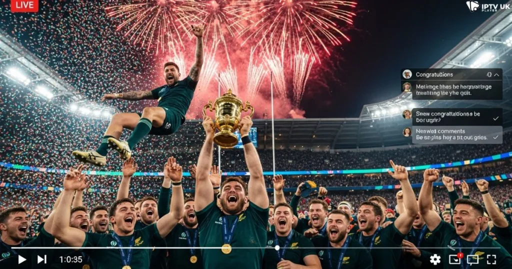 Rugby World Cup 2027 champions lifting the trophy, streamed live through UK IPTV sports services.