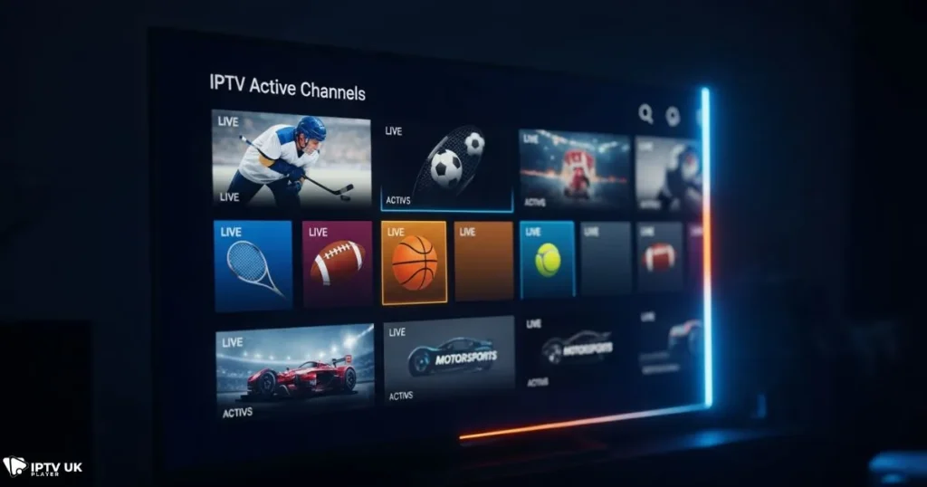 IPTV sports channels displaying live British ice hockey and other UK hockey streaming options.