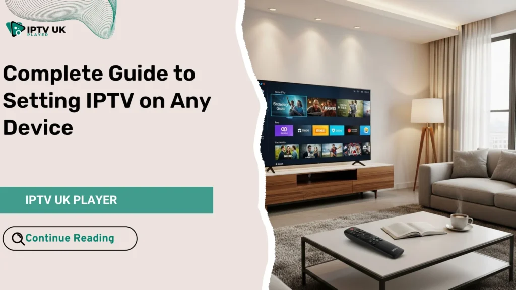 Main illustration of setting IPTV on a modern smart TV with multiple channels displayed