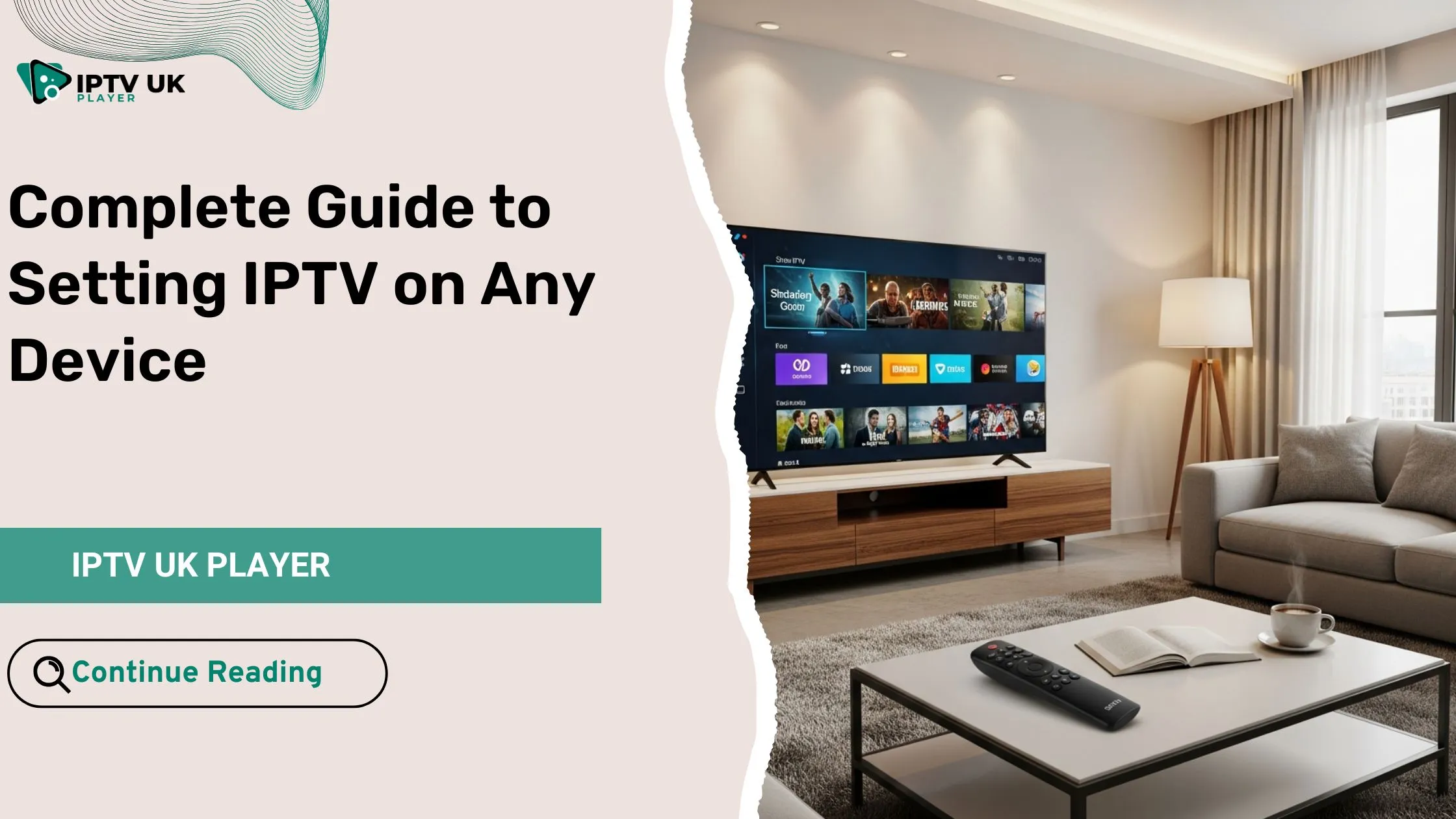 Main illustration of setting IPTV on a modern smart TV with multiple channels displayed
