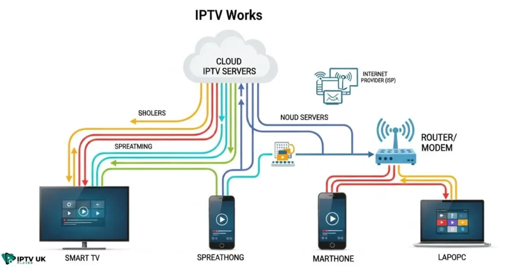 Diagram explaining how setting IPTV works on different devices via internet streaming