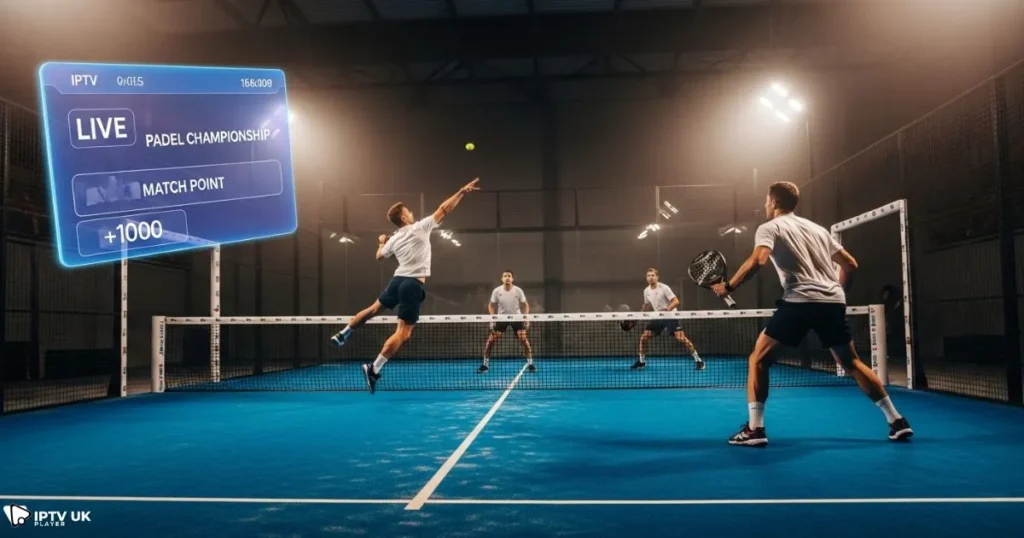 padel streaming displayed in smooth HD during a fast rally on modern IPTV.