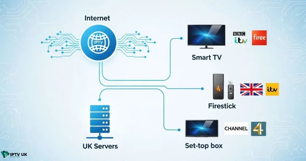 Diagram explaining how iptv uk works through internet streaming and UK servers