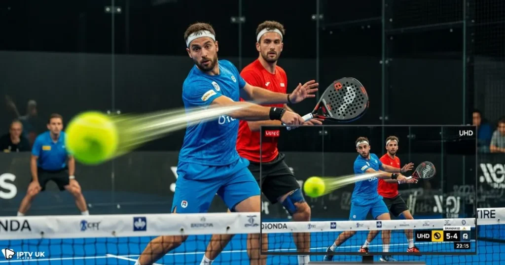 UHD example of padel live IPTV showing clear high-speed action on a smart TV.
