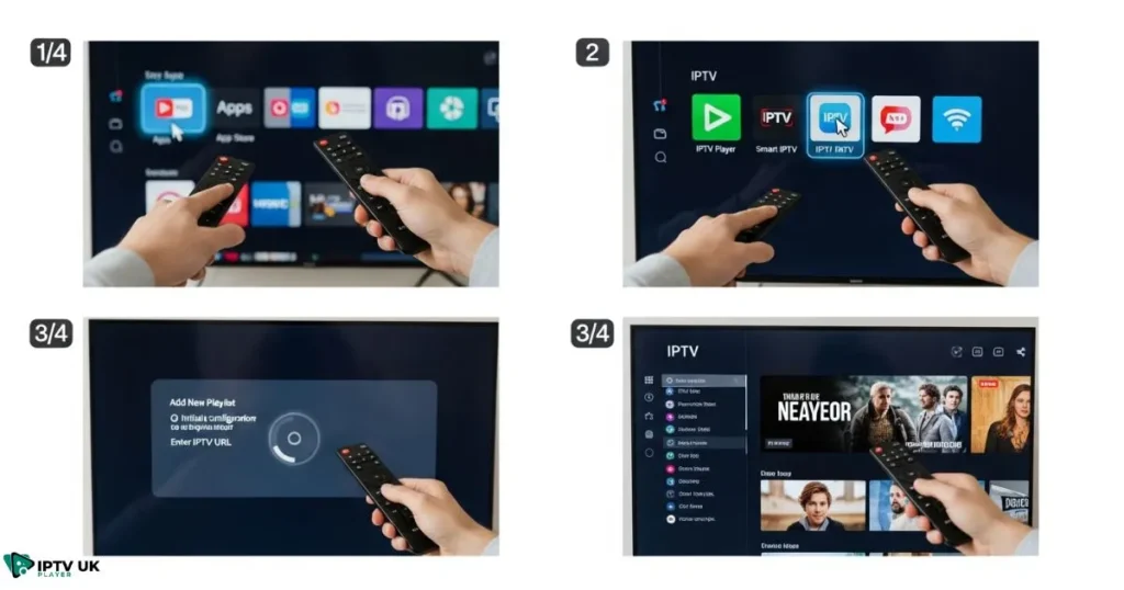 Visual guide for how to set IPTV on a smart TV with remote control and app interface