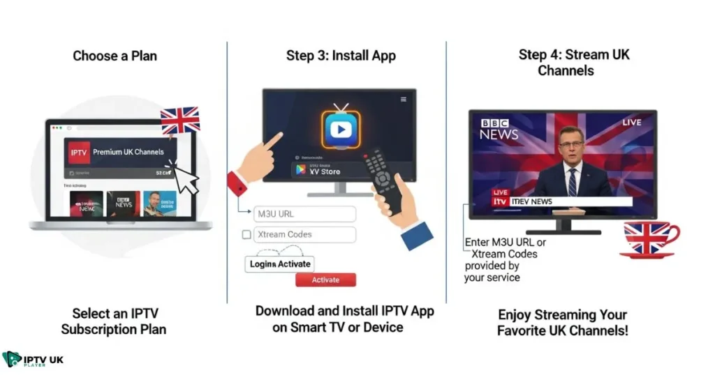 Setup process for a British IPTV subscription showing how to access UK IPTV channels.