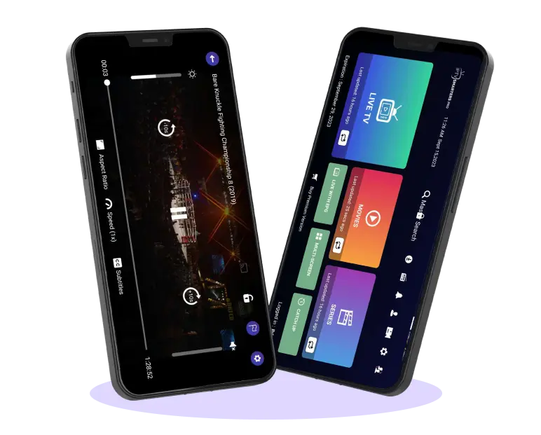 Two smartphones showing VOD and live TV interface from United Kingdom IPTV and British IPTV by IPTV UK Player