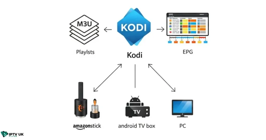How live sports on Kodi work using playlists and devices — simplified Kodi streaming guide graphic.