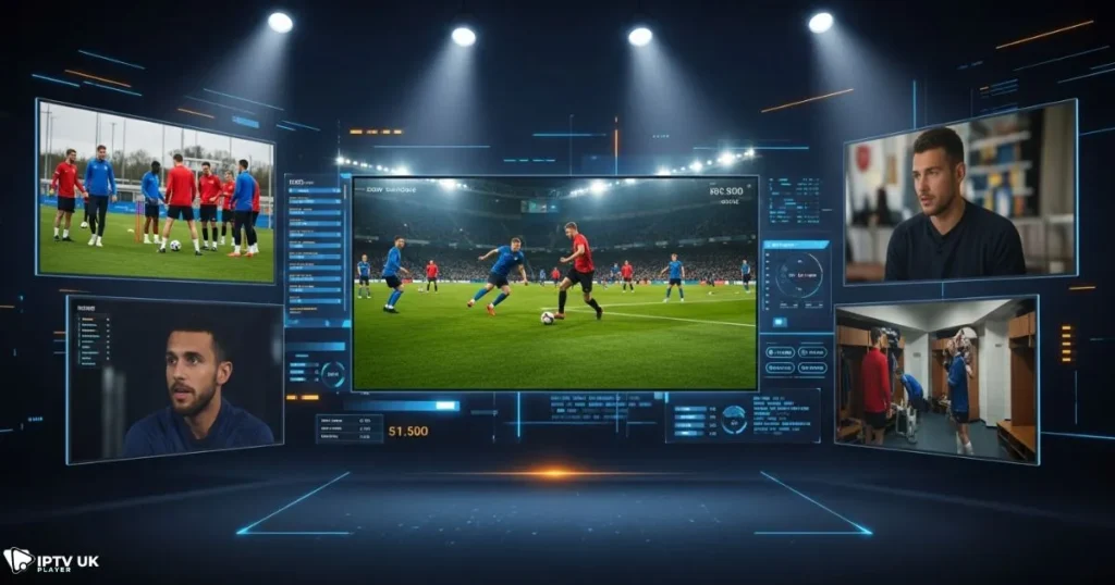 UK football IPTV interface showing football live streaming and behind-the-scenes player content