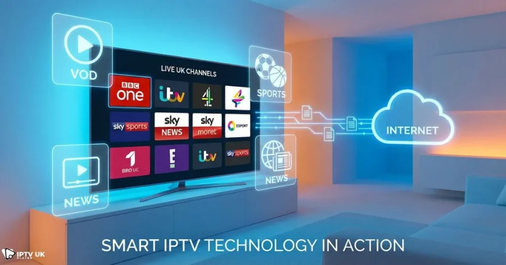 Illustration of IPTV UK providers delivering live UK IPTV streaming and video on demand services