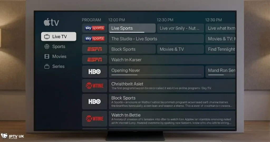 apple tv iptv app interface showing live TV and EPG on Apple TV
