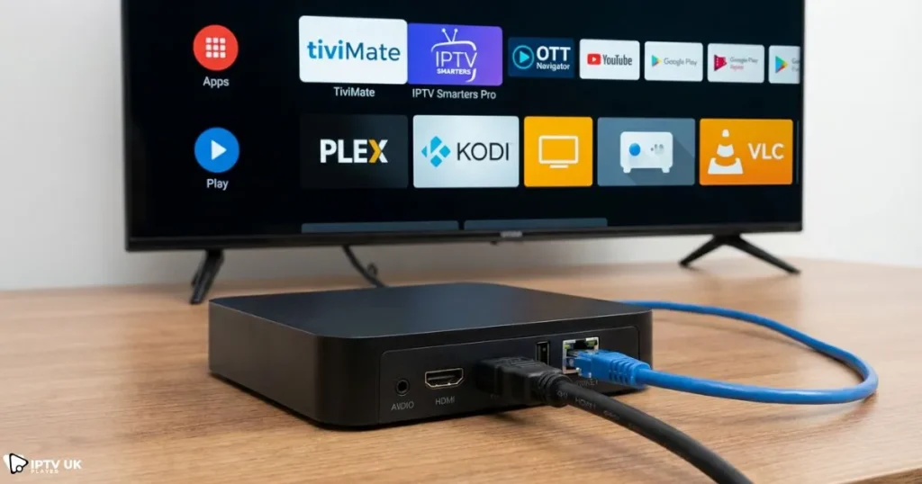android iptv box connected to TV with HDMI and internet cable