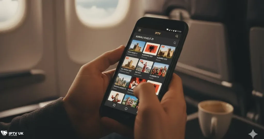 User accessing Albanian IPTV app using albkanale iptv download on a mobile device