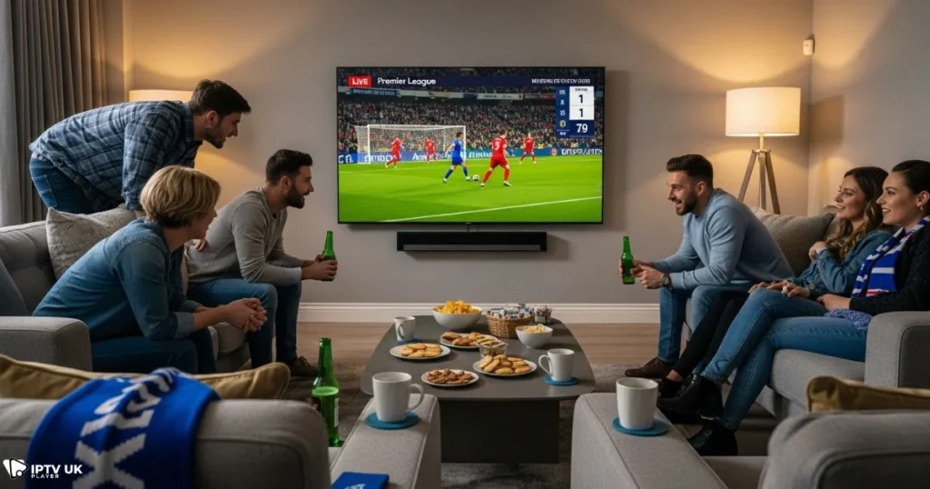 Group enjoying football streaming UK at home, perfect for watch football near me