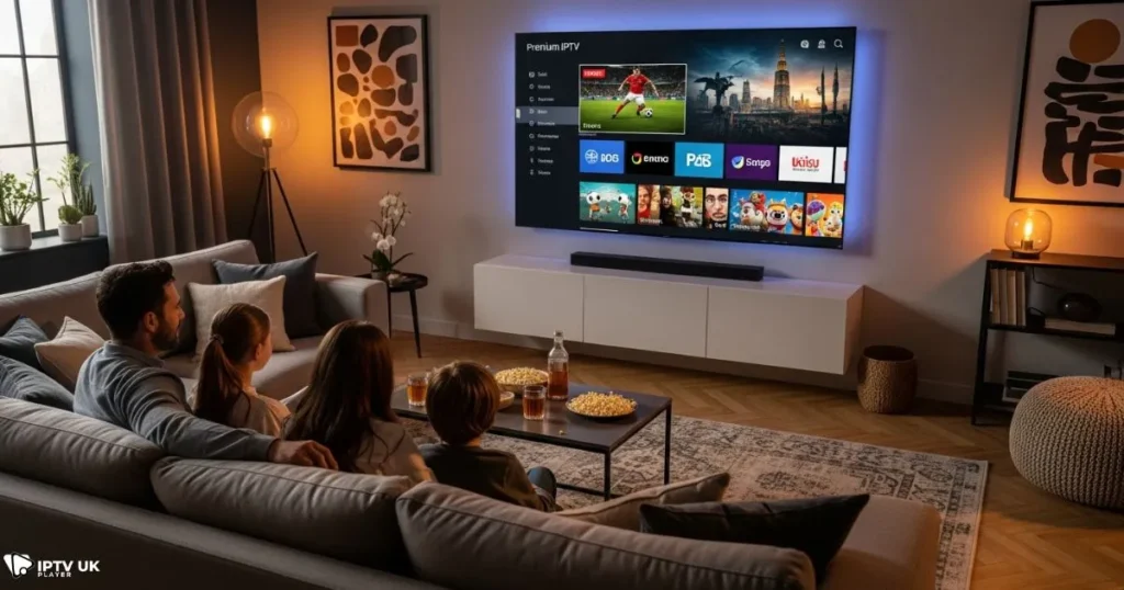 UK household enjoying a premium iptv service with a large selection of entertainment channels