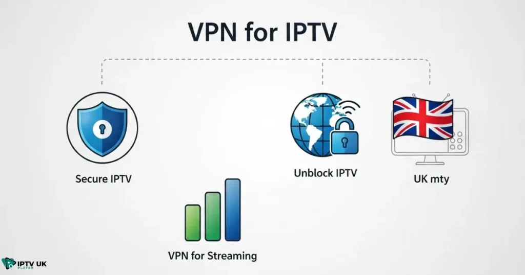 Infographic highlighting the benefits of using the best VPN for IPTV, including vpn for streaming and unblock IPTV features.