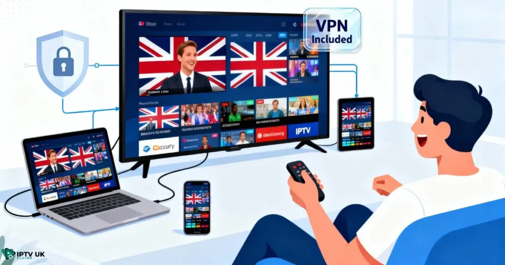 Illustration showing secure IPTV streaming with the best VPN for IPTV included in the subscription.