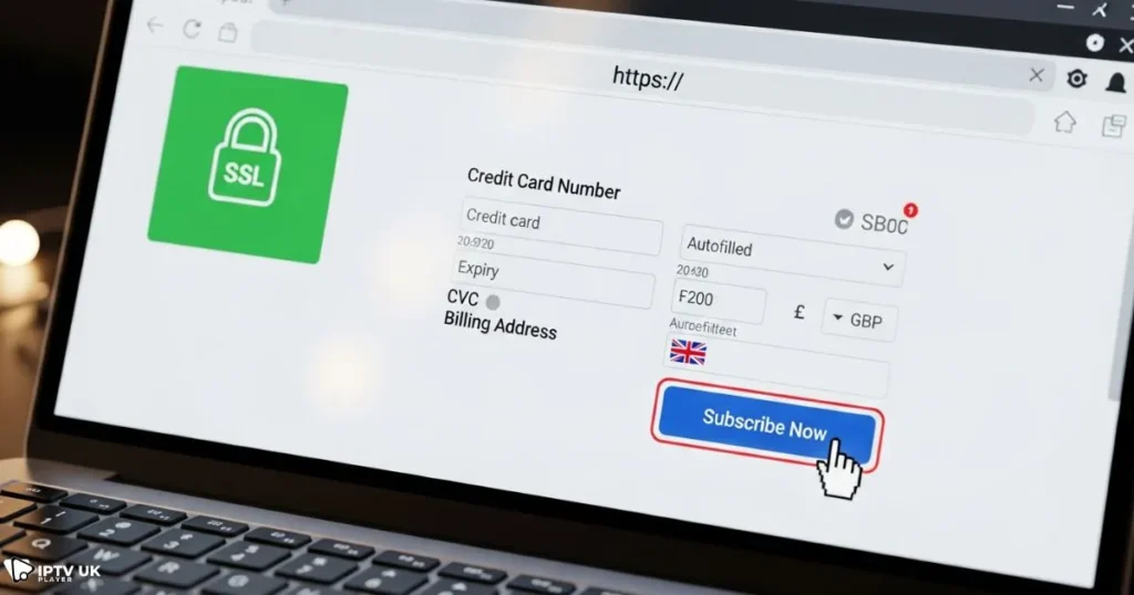 Safe checkout illustration showing how to buy uk iptv online securely.