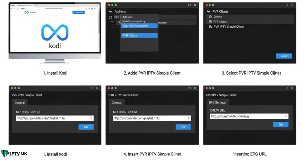 Step-by-step Kodi IPTV sports setup guide showing playlist and EPG configuration.