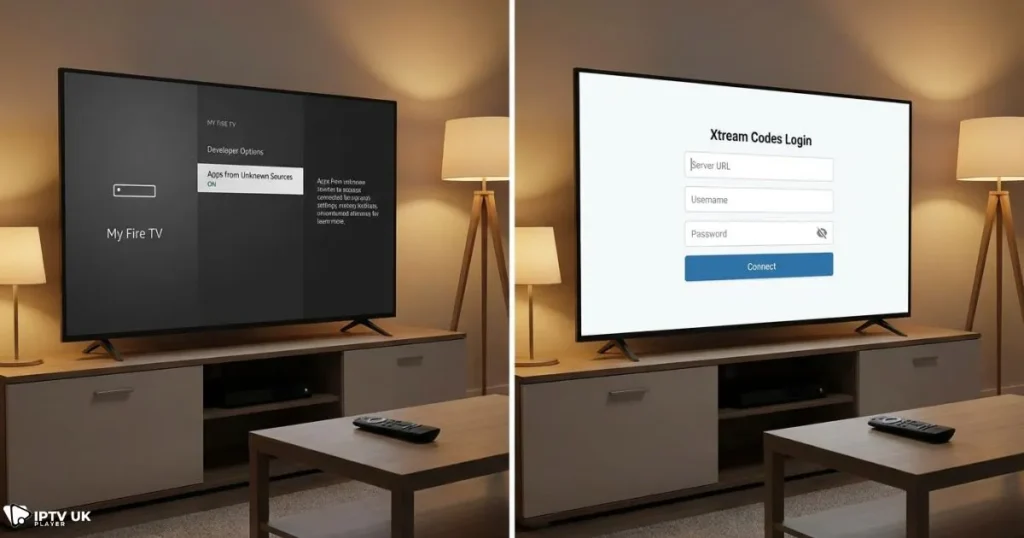 iptv firestick setup process showing installation and login on Amazon Firestick