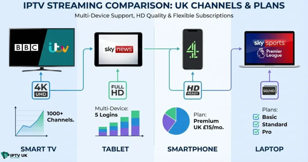 Comparison of devices supported by IPTV UK providers showing UK IPTV subscription and streaming options