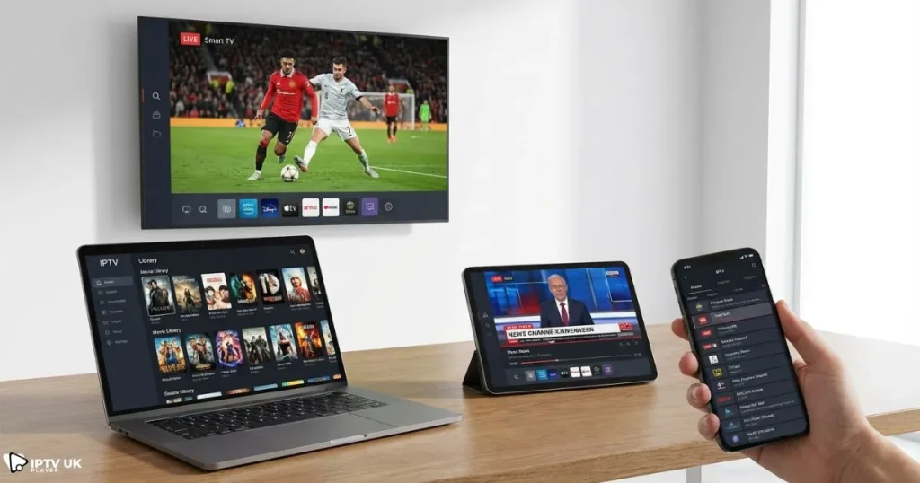 IPTV multi-device streaming across TV, phone, tablet, and laptop