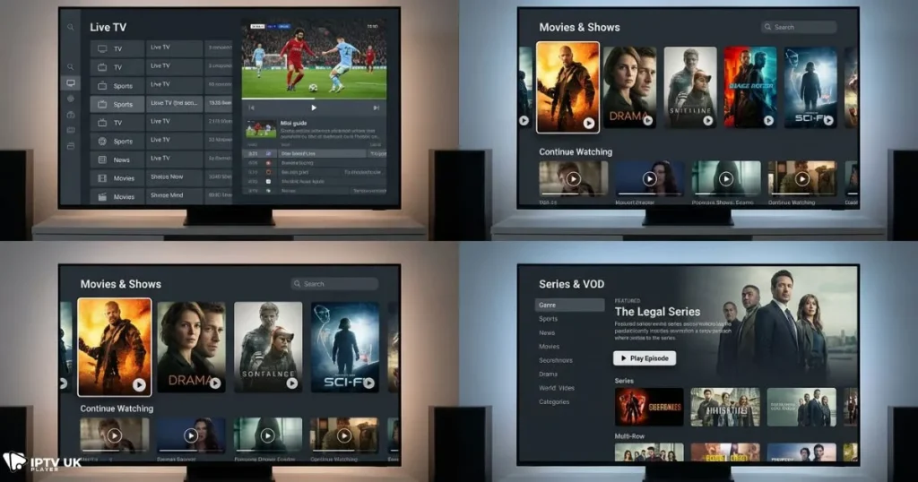 iptv apps apple tv comparison showing different IPTV player interfaces