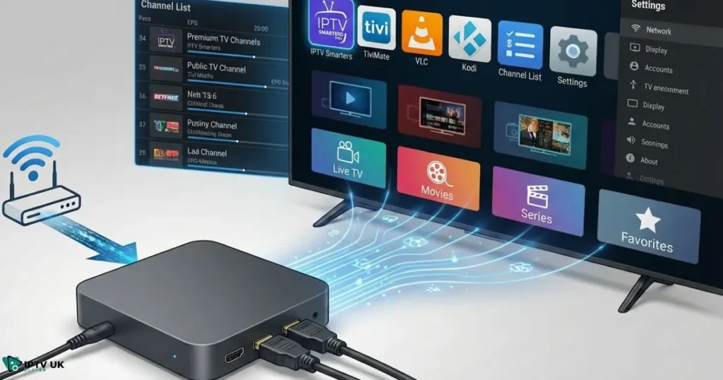 Android IPTV box interface with IPTV apps and UK channel list
