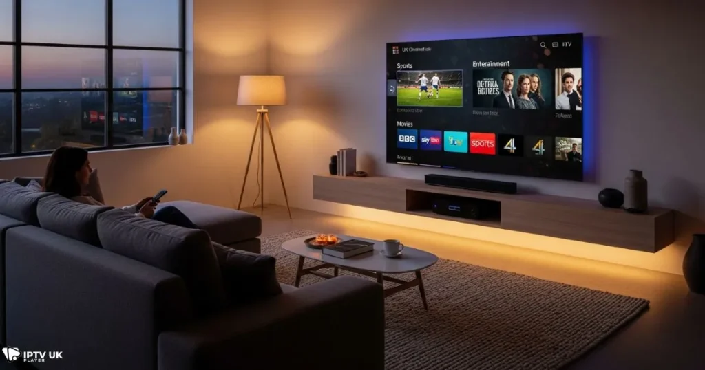 Living room streaming example showing premium best iptv uk performance on a large TV
