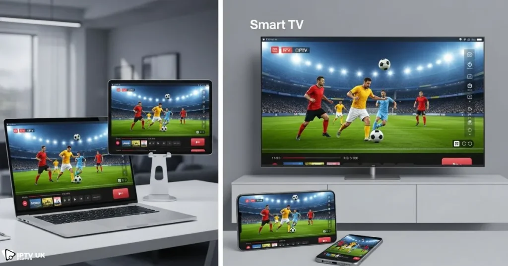 Multiple devices streaming IPTV football UK, ideal way to watch football near me