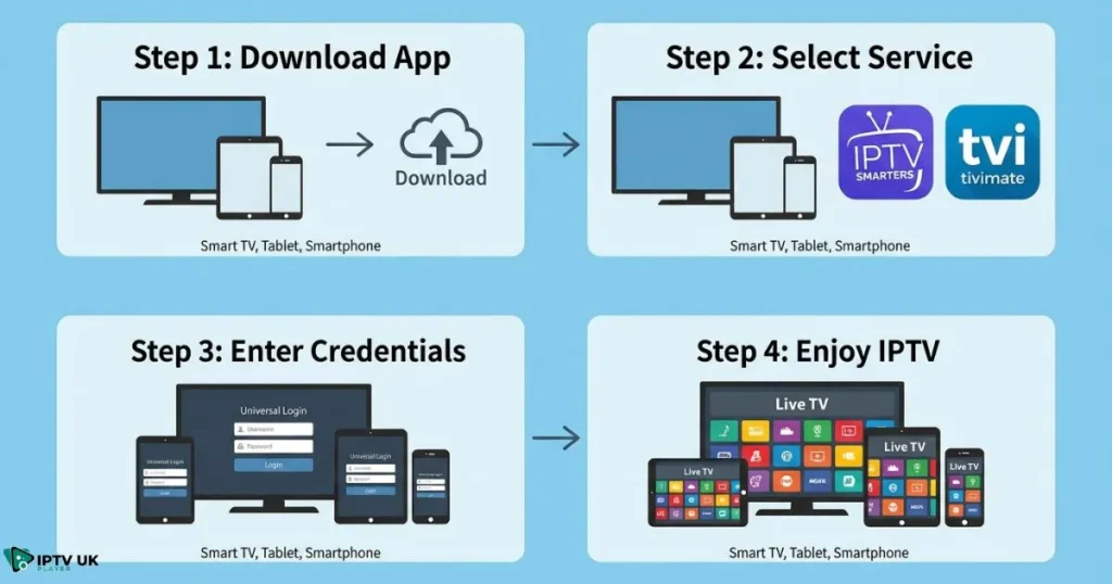 IPTV for Smart TVs and mobile devices setup guide illustrating installation steps.