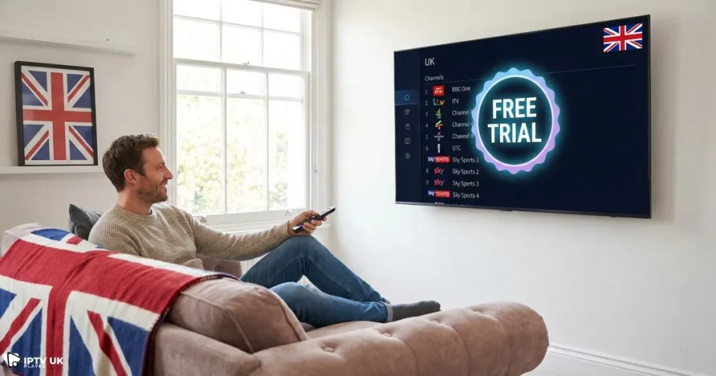 User enjoying a free trial from IPTV UK providers to test streaming quality and UK IPTV services.