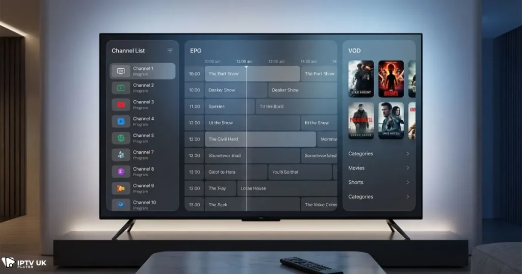 IPTV app support with modern IPTV player interface and EPG layout