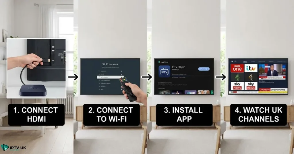 IPTV box setup steps for UK channels on a smart TV