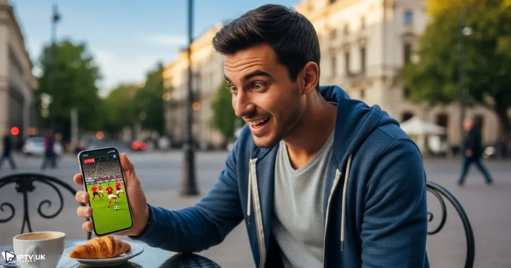 Watching live matches UK on mobile device outdoors, perfect for watch football near me