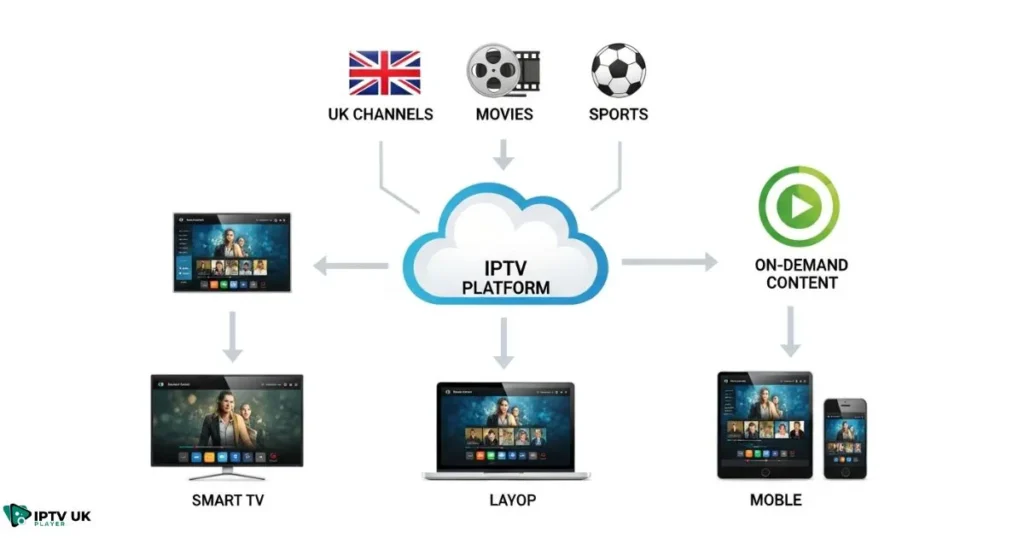 Illustration of how IPTV UK 2025 service works across multiple devices.