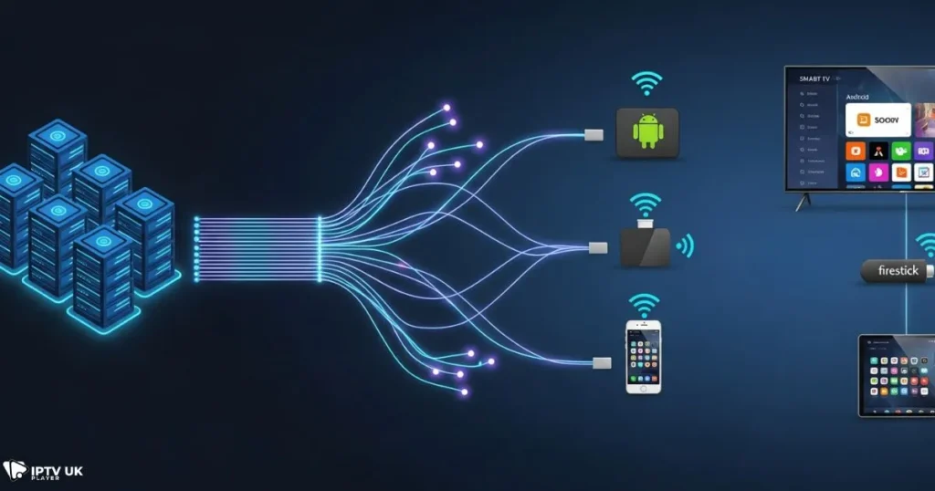IPTV UK subscription explained with streaming from servers to multiple devices