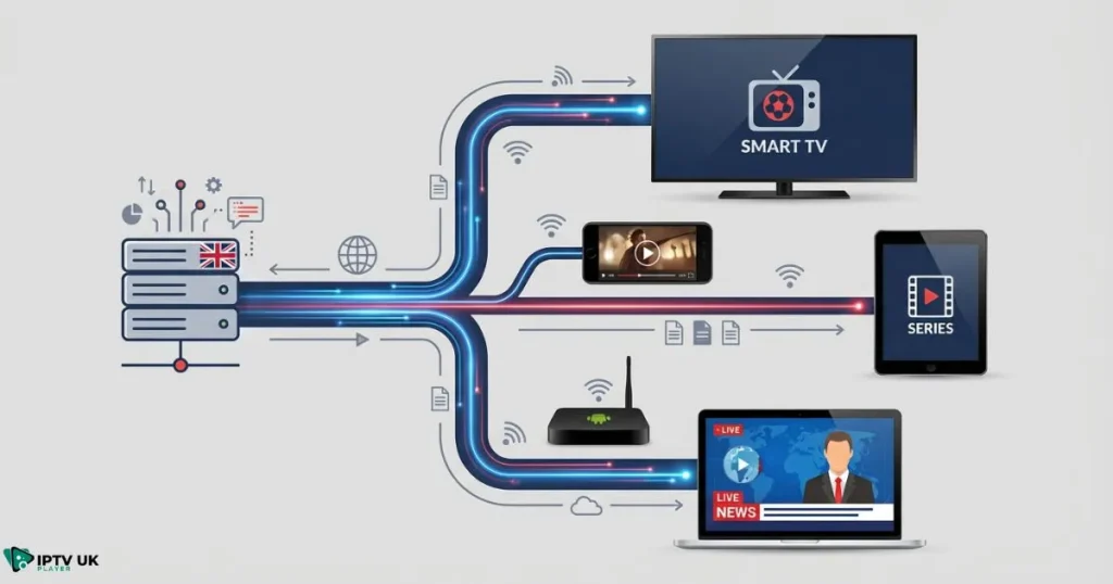 How a UK IPTV service streams content to multiple devices through the internet