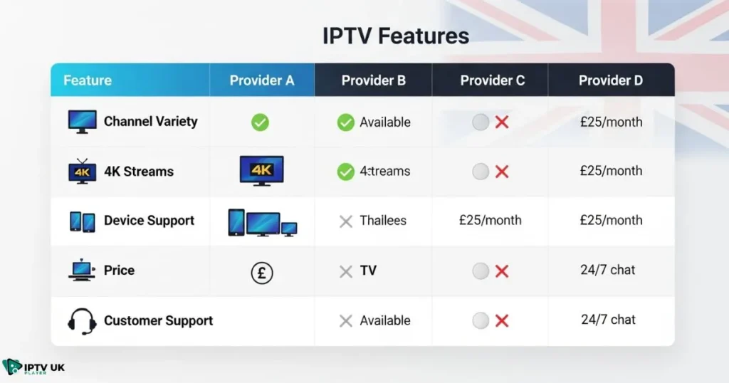 Comparison of best British IPTV services highlighting key features for 2025.