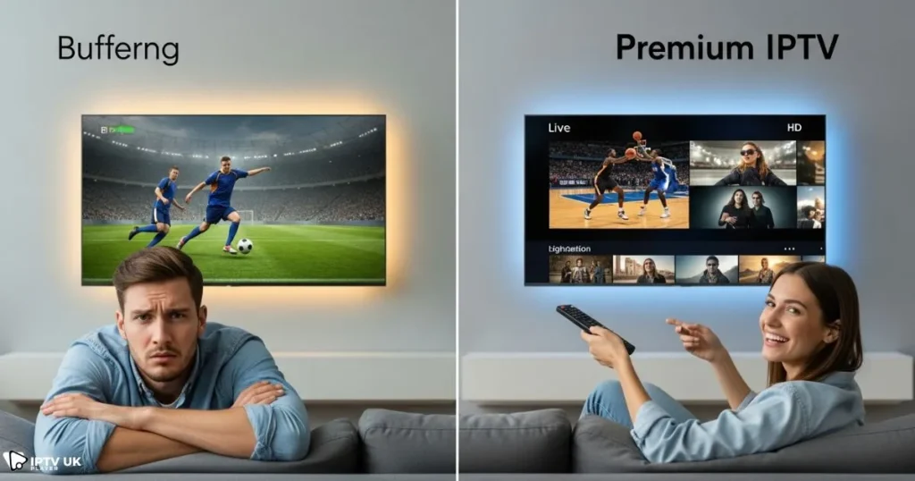 best IPTV UK choice comparison between low quality and premium IPTV service