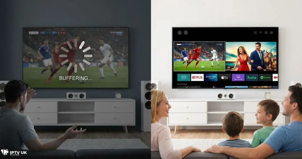 Premium IPTV UK compared to low-quality IPTV showing streaming stability differences