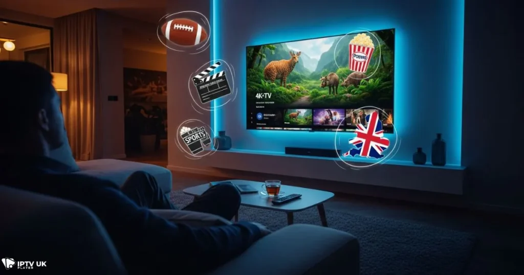 User enjoying IPTV 4K UK streaming with multiple channel options in 2025.