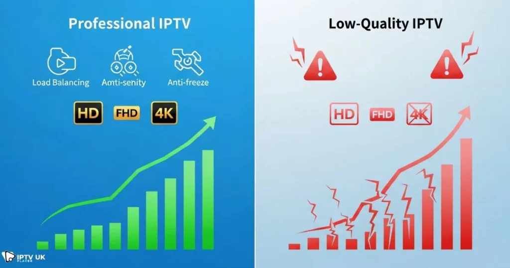 Comparison of a professional IPTV provider versus cheap services with focus on IPTV profesional reliability.