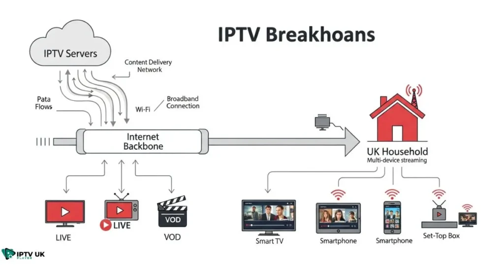 Infographic explaining how an iptv subscription uk service delivers channels to multiple devices
