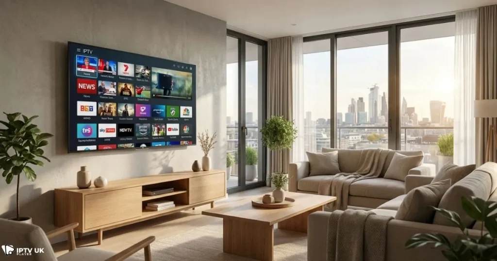 Modern UK home using a best iptv uk setup on a Smart TV for high quality streaming.