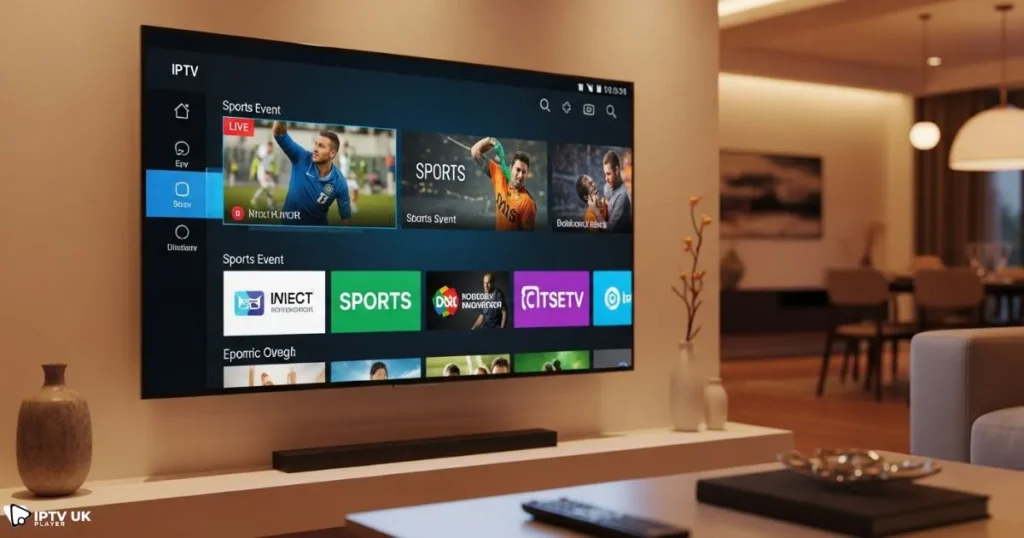 IPTV player for smart TV streaming live channels with a clean interface and remote control navigation.