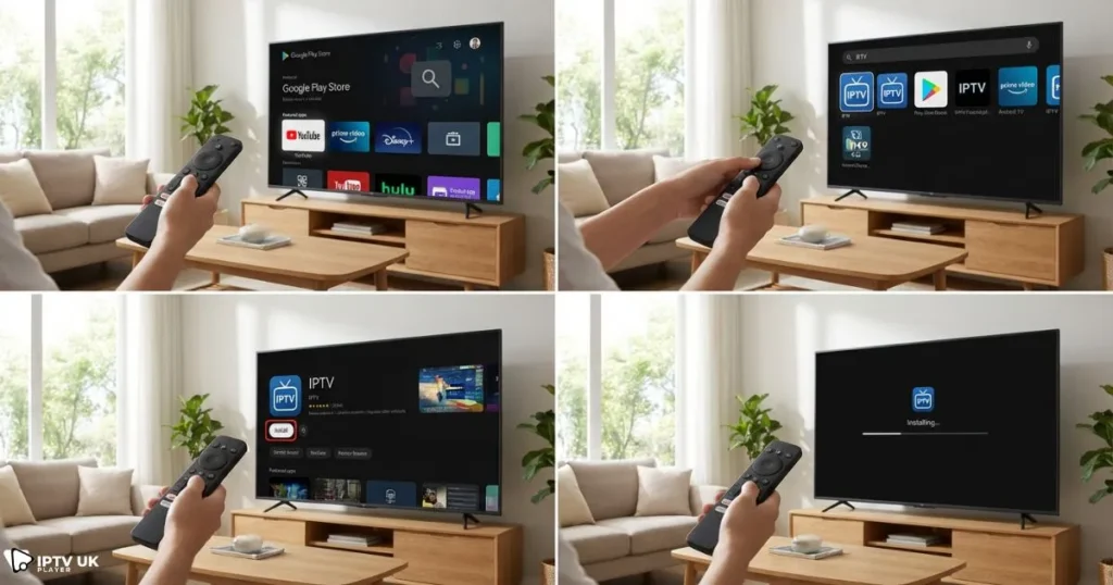 Android TV box IPTV installation process showing app setup on smart TV screen