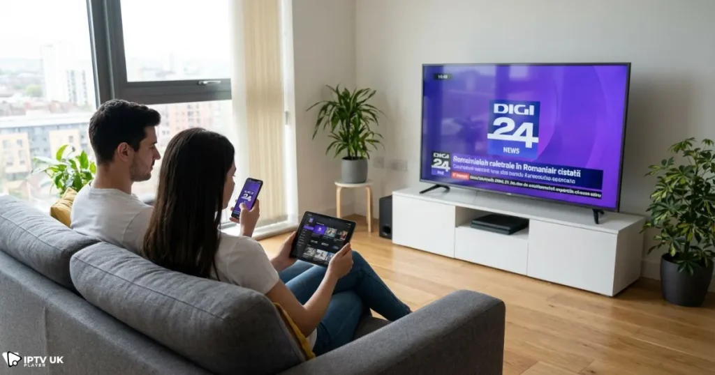 Romanian IPTV UK streaming on Smart TV and mobile devices in a UK home